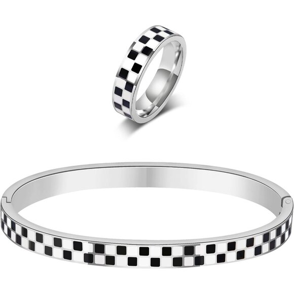 Checkered Stainless Steel Jewelry Set Bracelets Rings Hypoallergenic Gift for Wo - Picture 1 of 8